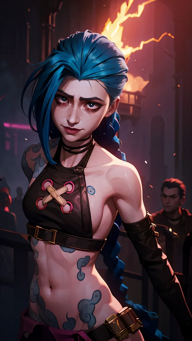 (masterpiece, Best quality), 1 girl, portrait very detailed face, very sexy, volume , full length (Whole body 1.1.), Crazy look, smile, pink tears, (tears on the cheeks, tears from eyes,) очень female, fighting stance, combat, neon lettering, explosions, darkness, fog, beautiful waist, gloomy composition, flame, fire, Flash, very beautiful, female, long hair, hair braided in long braids, very sexy, skinny leather pants, Focus on the eyes, emphasis on the face, Beautiful face, hands, Kosaed tail, red purple eyes, Jinx is crying, Blue Cloud Tattoo, (masterpiece, Best quality), Side lighting, beautiful detailed eyes, crazy face), (Best quality), (masterpiece), magic photography, impressive lighting, photorealism, Ultra detailed, intimate portrait composition, 1. 4,8 thousand. uhd, aesthetic, cd., a high resolution, 8 thousand., Better lighting, Best shade, Ultra-HD, a high resolution, Sharp Focus, complex background, cinematic lighting, ((landscape view)), block 4K, (Better lighting), ((cinematic lighting)),