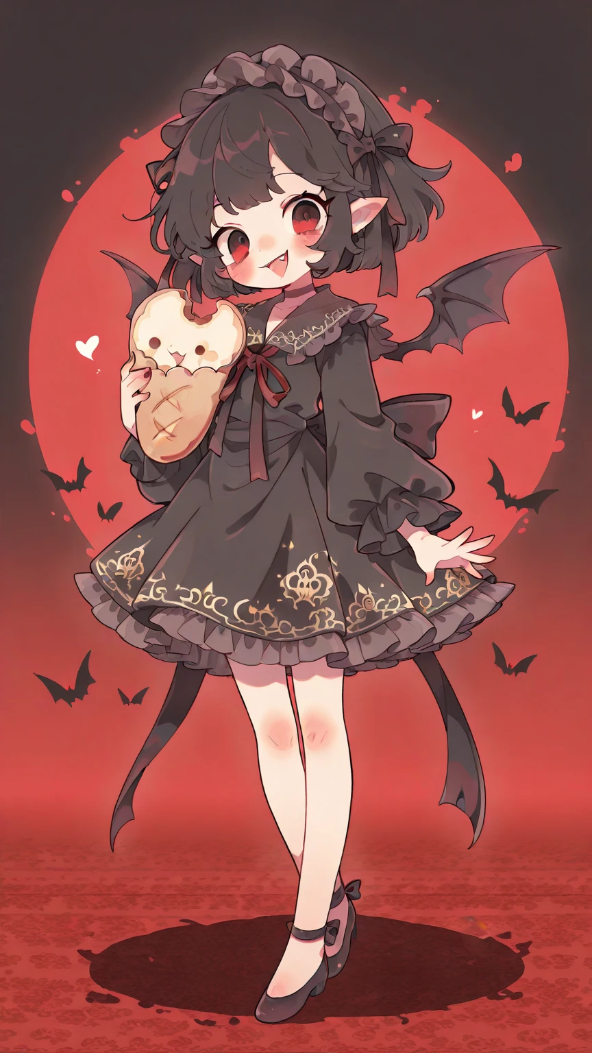 (solo:1.4),1girl\(vicomte,(chibi),cute, vampire wings, red eyes,open mouth, sharp vampire fangs, black short hair, elf ears, cute (((red ribbon))) headband, (big evil smile) cute smile,face shining, big eyes, cute expression, black short vampire robe\(gothic embroidery\), hugging (baguette bread) \),cute pose,black short vampire dress,full body, (many sparkle in eyes:1.4)\),inside,at bakery, breads displayed neatly on shelves, (from above:1.5), dutch angle, minimalist, lineless