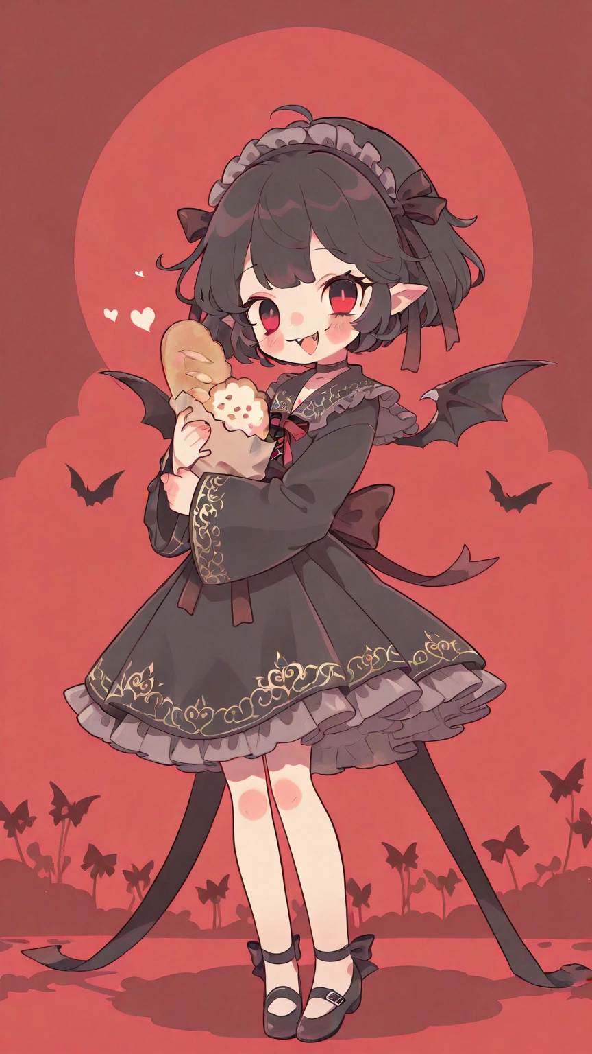 (solo:1.2),1girl\(vicomte,chibi,cute, vampire wings, red eyes,open mouth, sharp vampire fangs, black short hair, elf ears, cute (((red ribbon))) headband, (big evil smile) cute smile,face shining, big eyes, cute expression, black short vampire robe\(with beautiful (gold embroidery)\), hugging (1bread:1.3) \),cute pose,black short vampire dress,full body\), background\(many lotas flower, (beautiful landscape of Vietnam:1.3)\)