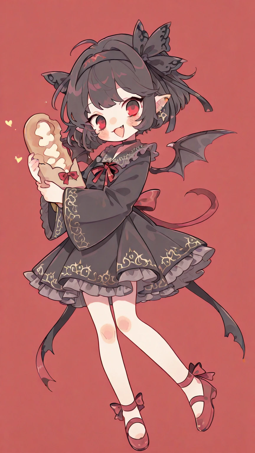 (solo:1.2),1girl\(vicomte,chibi,cute, vampire wings, red eyes,open mouth, sharp vampire fangs, black short hair, elf ears, cute (((red ribbon))) headband, (big evil smile) cute smile,face shining, big eyes, cute expression, black short vampire robe\(with beautiful (gold embroidery)\), hugging (1bread:1.3) \),cute pose,black short vampire dress,full body\), background\(many lotas flower, (beautiful landscape of Vietnam:1.3)\)