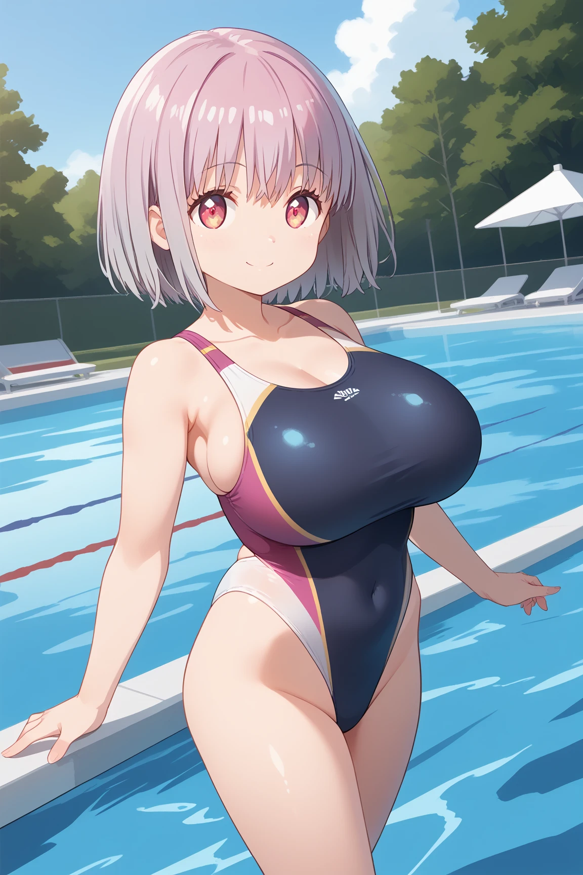 ( top quality ), ( top quality の髪), accurate anatomy, masterpiece, super detailed,  top quality の顔,  top quality の髪, ultra-fine painting, ( finger without bankruptcy),
SSSS GRIDMAN, Shinjo Akane, water park, pool, competition swimsuit, huge breasts,  bewitching smile , 

Floating on the water surface and looking up at the sky,