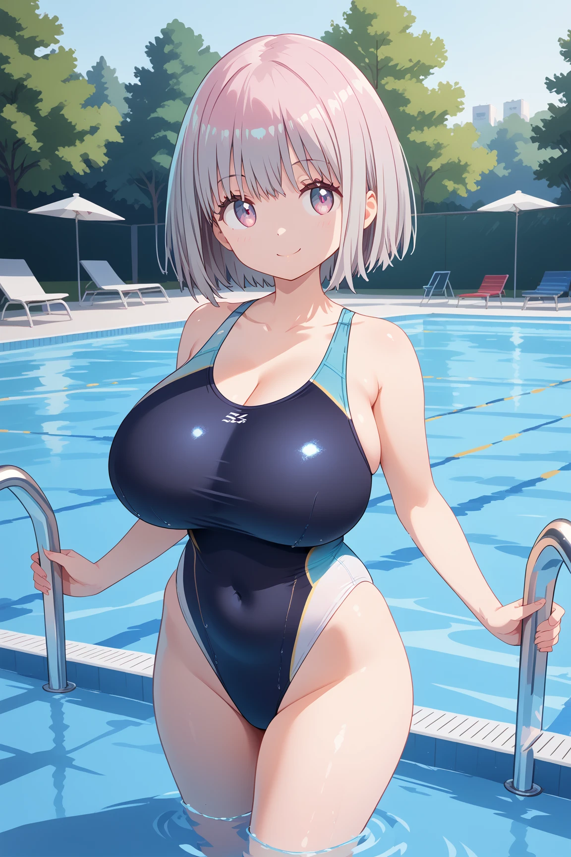 ( top quality ), ( top quality の髪), accurate anatomy, masterpiece, super detailed,  top quality の顔,  top quality の髪, ultra-fine painting, ( finger without bankruptcy),
SSSS GRIDMAN, Shinjo Akane, water park, pool, competition swimsuit, huge breasts,  bewitching smile , 

Floating on the water surface and looking up at the sky,