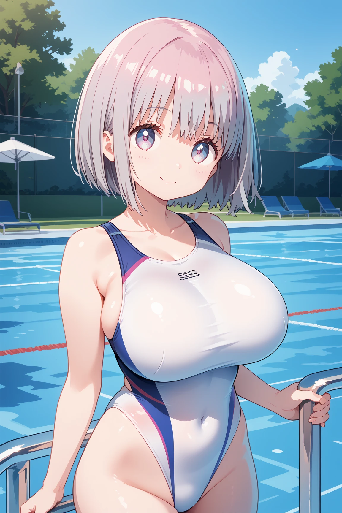 ( top quality ), ( top quality の髪), accurate anatomy, masterpiece, super detailed,  top quality の顔,  top quality の髪, ultra-fine painting, ( finger without bankruptcy),
SSSS GRIDMAN, Shinjo Akane, water park, pool, competition swimsuit, huge breasts,  bewitching smile , 

Floating on the water surface and looking up at the sky,