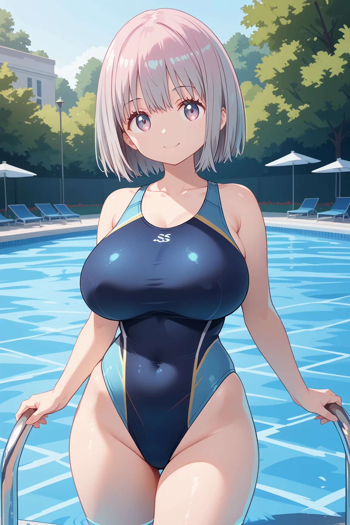 ( top quality ), ( top quality の髪), accurate anatomy, masterpiece, super detailed,  top quality の顔,  top quality の髪, ultra-fine painting, ( finger without bankruptcy),
SSSS GRIDMAN, Shinjo Akane, water park, pool, competition swimsuit, huge breasts,  bewitching smile , 

Floating on the water surface and looking up at the sky,