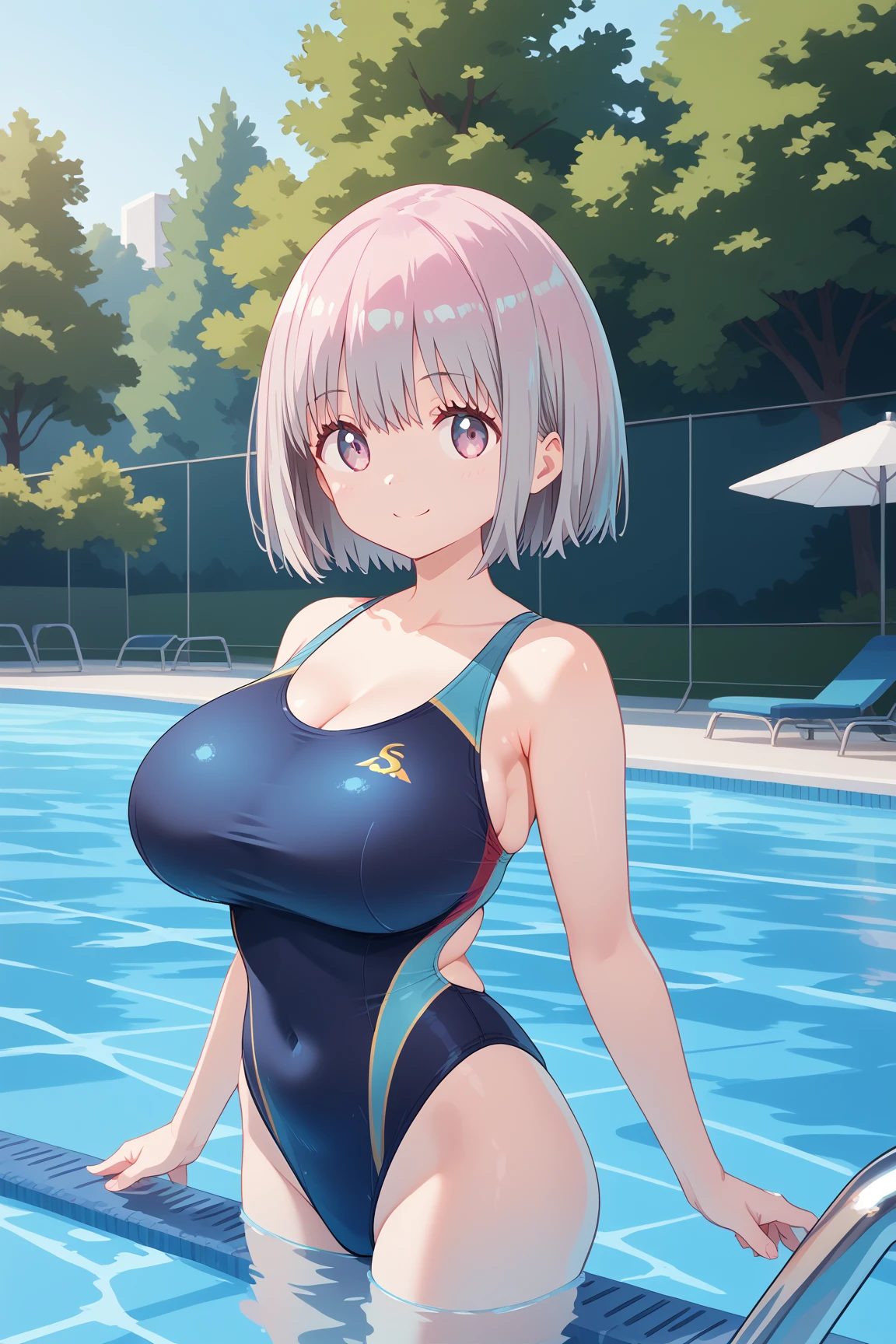 ( top quality ), ( top quality の髪), accurate anatomy, masterpiece, super detailed,  top quality の顔,  top quality の髪, ultra-fine painting, ( finger without bankruptcy),
SSSS GRIDMAN, Shinjo Akane, water park, pool, competition swimsuit, huge breasts,  bewitching smile , 

Floating on the water surface and looking up at the sky,