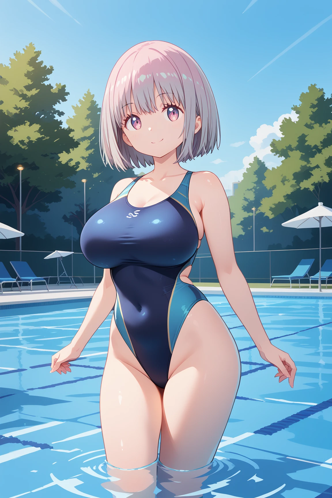 ( top quality ), ( top quality の髪), accurate anatomy, masterpiece, super detailed,  top quality の顔,  top quality の髪, ultra-fine painting, ( finger without bankruptcy),
SSSS GRIDMAN, Shinjo Akane, water park, pool, competition swimsuit, huge breasts,  bewitching smile , 

Floating on the water surface and looking up at the sky,