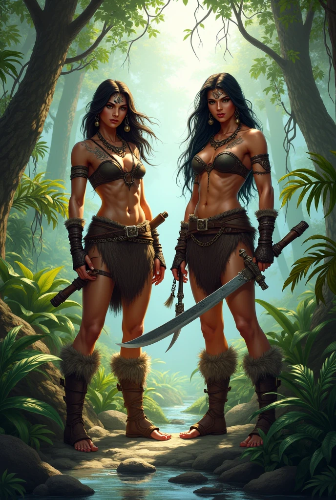 A gorgeous warrior woman of age30, skimpy armor, sword, toned abs, tanned skin, battle wounds with some blood, standing in flowery meadows, serene. Not overly muscular. Anime or Semi-Realistic style