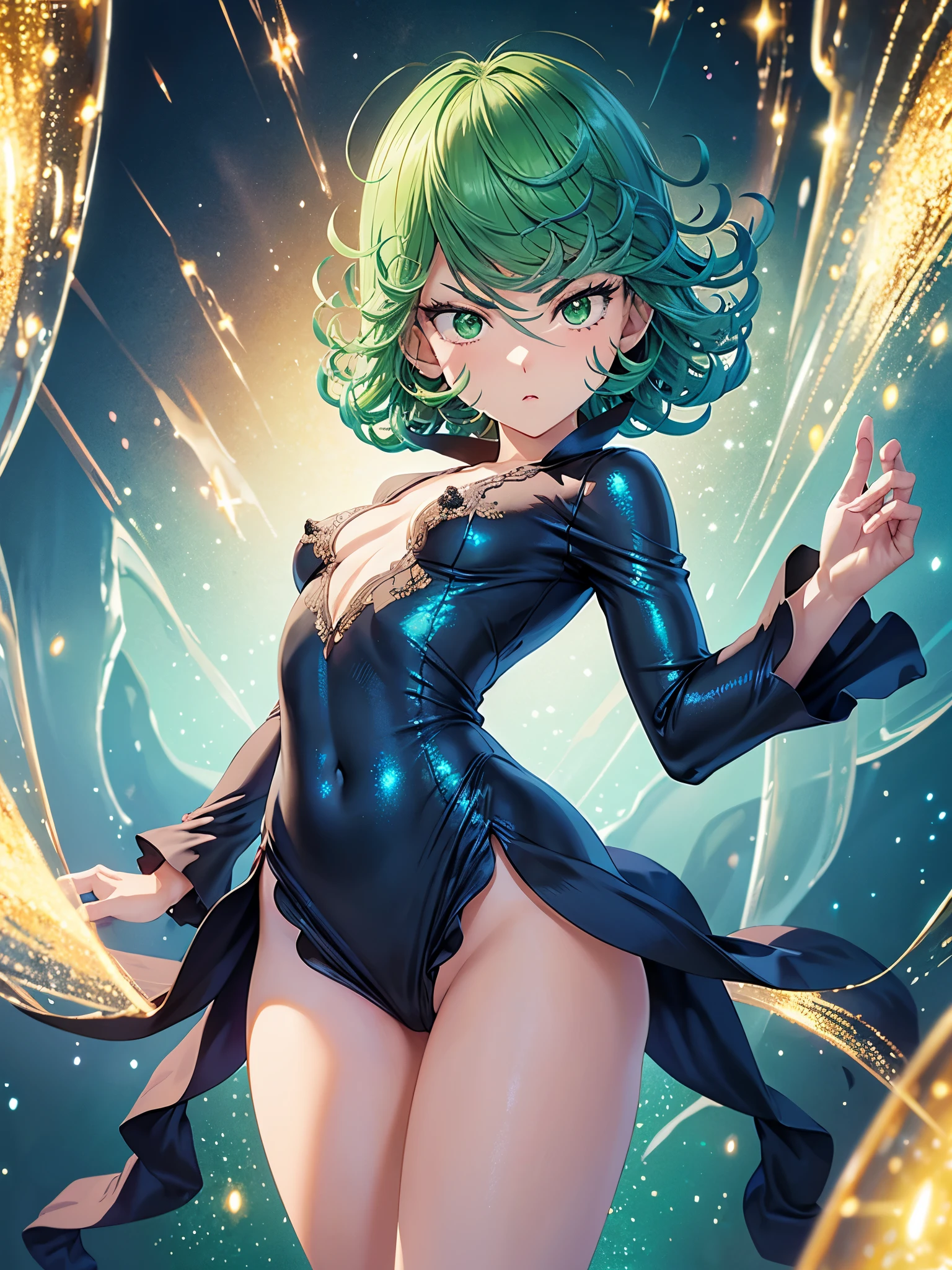 1woman, beautiful woman, photo of slim girl model, cute young woman, angry, (Young), good-looking, short dress, fitted dress, covered navel, small chest, short hair, wavy hair, v-shaped eyebrows, perfect anatomy, perfect hands, detailed eyes, shiny eyes, outdoors, blue sky, clouds, floating, levitation, telekinesis, glowing, green aura, leg up, bare legs, barefoot, detailed toes, long eyelashes, beautiful face, detailed eyelashes, anime style, looking at viewer, detailed background, (glitter effect:1.3), Fantasy_eyes, Anime, Manga, Bold Outline, Colorful, ((4k, 8k, Ultra HD)), ((Masterpiece :1.2)), ((Best quality :1.2)), ((Detailed :1.5)), ((Detailed background :1.5)), tatsumaki, 1girl, curly hair, green hair, green eyes, small breasts, black dress, long sleeves, from behind, close-up,