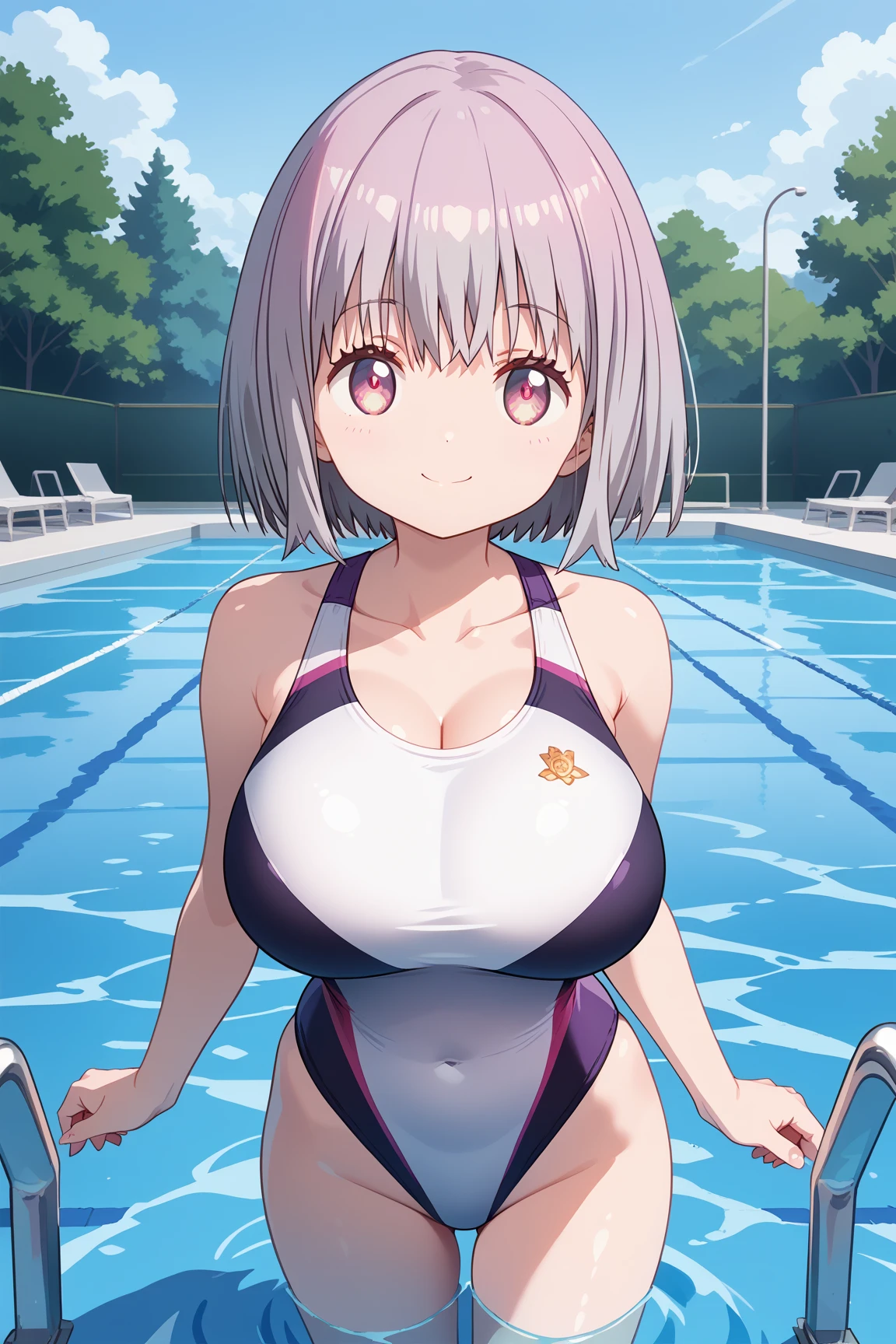 ( top quality ), ( top quality の髪), accurate anatomy, masterpiece, super detailed,  top quality の顔,  top quality の髪, ultra-fine painting, ( finger without bankruptcy),
SSSS GRIDMAN, Shinjo Akane, water park, pool, competition swimsuit, huge breasts,  bewitching smile , 

Floating on the water surface and looking up at the sky,