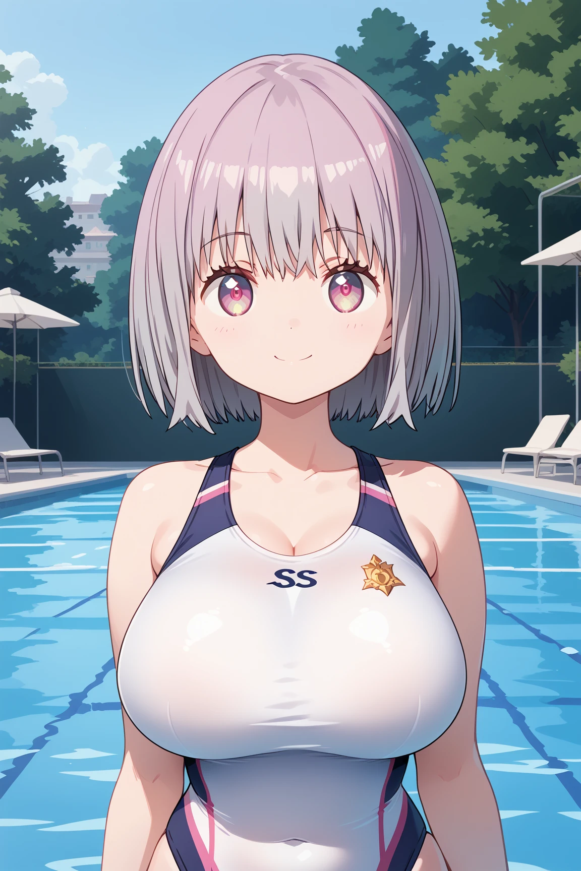 ( top quality ), ( top quality の髪), accurate anatomy, masterpiece, super detailed,  top quality の顔,  top quality の髪, ultra-fine painting, ( finger without bankruptcy),
SSSS GRIDMAN, Shinjo Akane, water park, pool, competition swimsuit, huge breasts,  bewitching smile , 

Floating on the water surface and looking up at the sky,