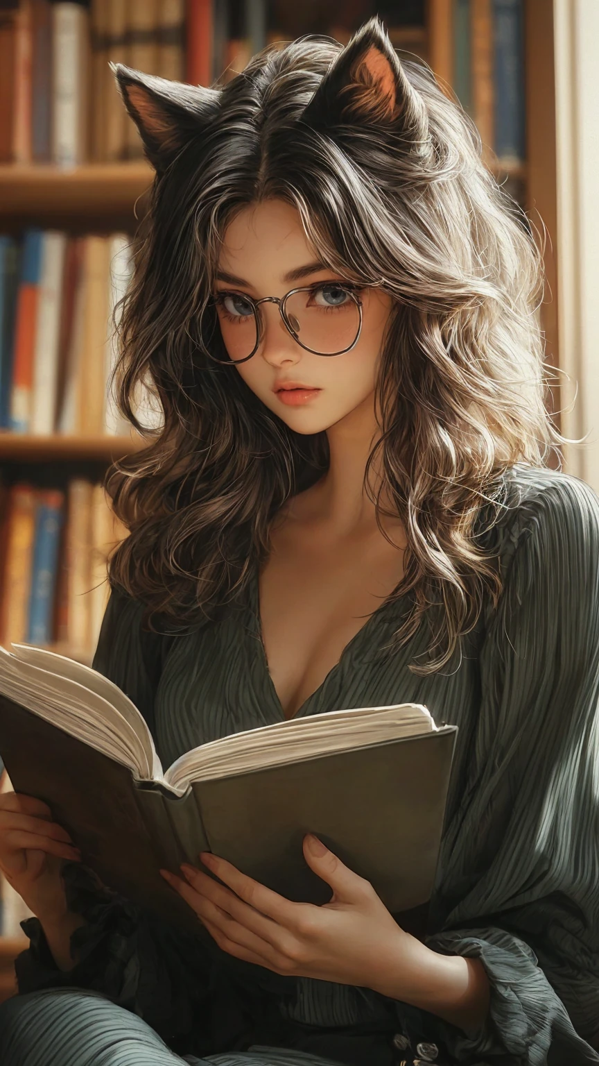 (best quality, elaborate details:1.2), side view, a woman with cat ears is waiting for a bus at the bus stop, rainy day, voluminous wavy hair, gorgeous eyes, long lashes, photorealistic illustration, anime style, natural light