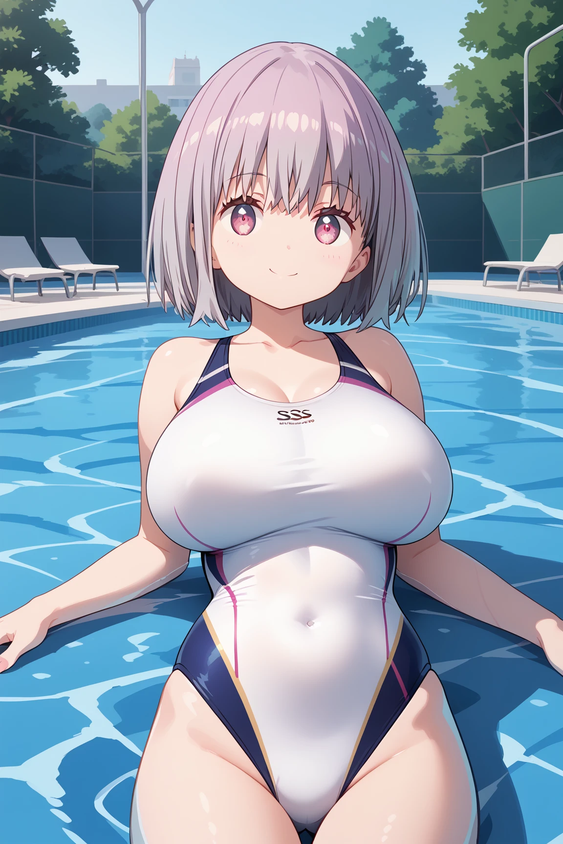 ( top quality ), ( top quality の髪), accurate anatomy, masterpiece, super detailed,  top quality の顔,  top quality の髪, ultra-fine painting, ( finger without bankruptcy),
SSSS GRIDMAN, Shinjo Akane, water park, pool, competition swimsuit, huge breasts,  bewitching smile , 

floating on the water surface, On your back,