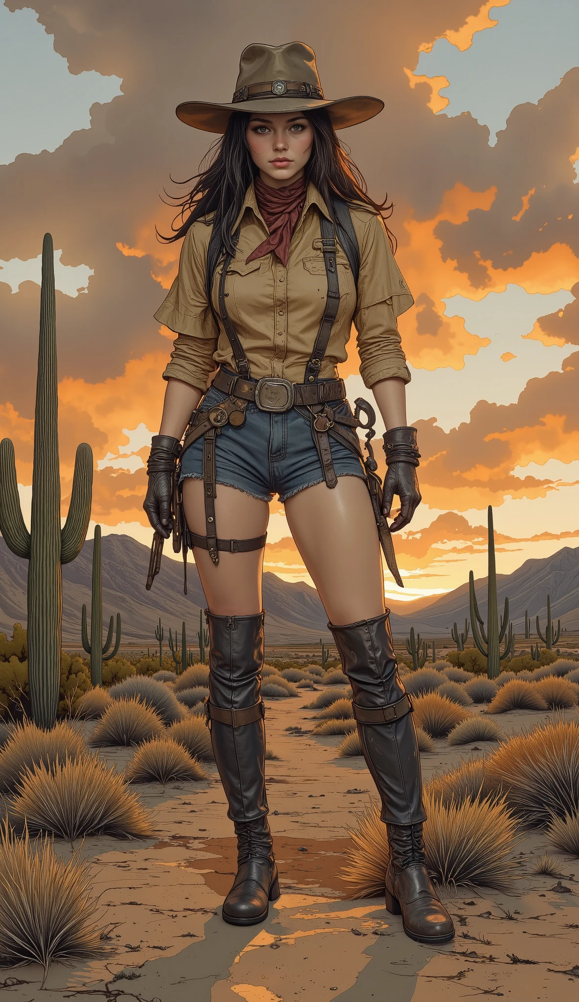 a rugged cowgirl in the wild west, desert, cactus, best quality, ultra-detailed, photorealistic, cinematic lighting, dramatic shadows, warm color palette, intricate details, beautiful skin texture, windblown hair, intense gaze, dynamic pose, rugged leather outfit, worn boots, dusty environment, dramatic clouds, epic scale