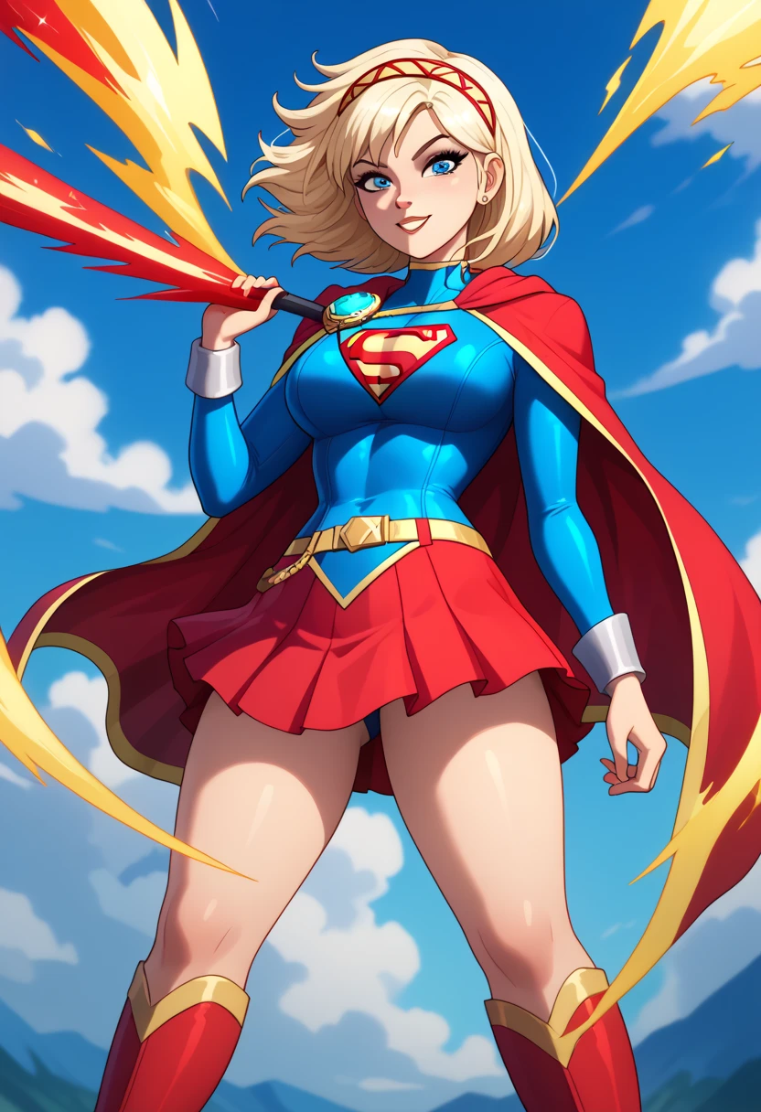 Cayna, with her powerful yet whimsical personality, looks both regal and heroic in the classic Supergirl costume. Her short blond hair flows gracefully down her back, standing out against the vibrant blue top with the iconic red and yellow 'S' emblem emblazoned on her chest. A flowing red cape trails behind her, adding a sense of grandeur and movement to her already imposing presence. The outfit is completed with a red skirt and matching knee-high boots, enhancing her strong and agile figure honed through her magical abilities.
Cayna’s confident yet playful expression, combined with the heroic aura of Supergirl, reflects her status as a powerful mage in the virtual world of Leadale. Her blend of power and warmth makes her a fitting embodiment of Supergirl, radiating both strength and compassion, ready to protect and inspire those around her.