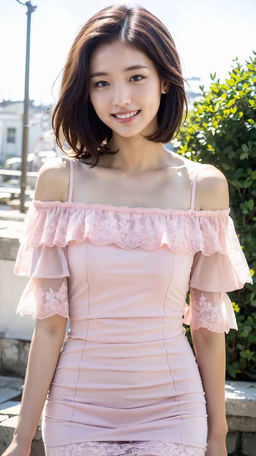 Ultra-high resolution, Superior Quality, Highest quality, Very detailed, Realistic, 8k, RAW Photos, Highest quality, masterpiece, Attractive girl, Awesome girl, Brown Hair, Shoulder-length layers, Asymmetrical bangs, K-POPアイドル, Sophisticated, stylish, Pink dress、Straw hat、Shibuya Ward, Short Hair、Park Background、The best smile