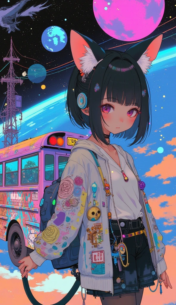 Close up of the girl with cat ears , Decorative Space Paintings ,  Ultra Wide Gameplay Screenshots ,  colorful dystopian futurism,  Retrofuturistic Digital Painting,  The background is a school bus running through space,  Dreaming Psychedelic Anime ,  video games are still , ビデオ game screenshots ,  ビデオ game screenshots  ,  detailed pictures of virtual worlds ,  Colorful in Futuristic Hues ,  Promotional Art ,  game screenshots , School bus full of graffiti ,Neon colored universe