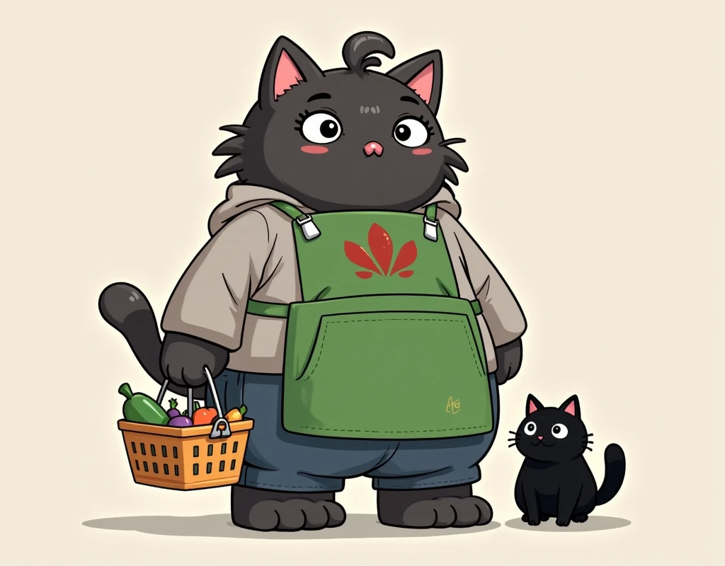 A huge black cat wearing a green apron, Hanging a shopping basket , Body hair from chin to stomach is gray for human women with BREAK 1 ponytel,  hoodie,  jeans, Standing next to a black cat, Crisp Eyes BREAK 2D Illustration 