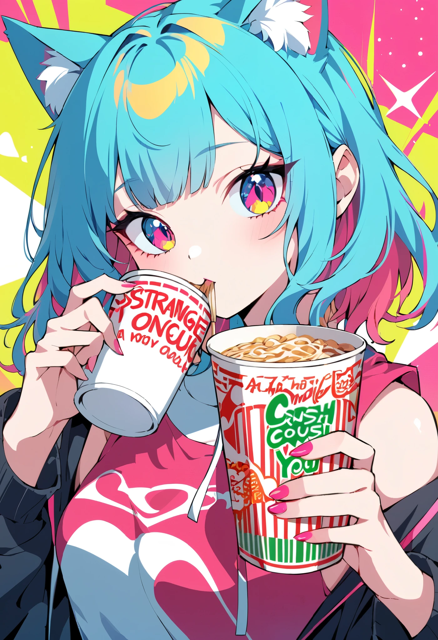 pop art, vivid passion color style, bshp mix, a cat-eared girl, solo, holding a cup-noodle, a strange look, she has a crush on you.