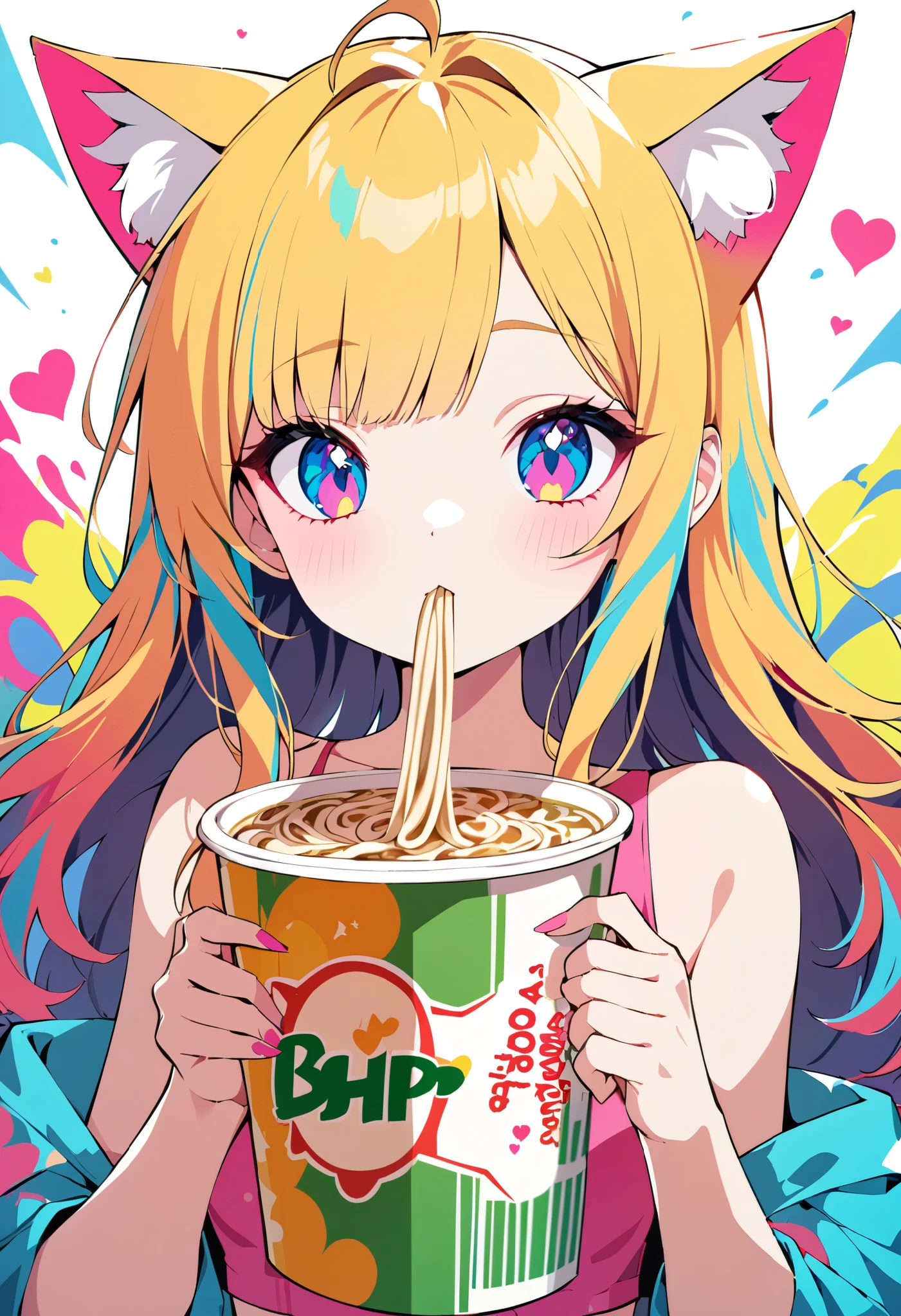 pop art, vivid passion color style, bshp mix, a cat-eared girl, solo, holding a cup-noodle, a strange look, she has a crush on you.