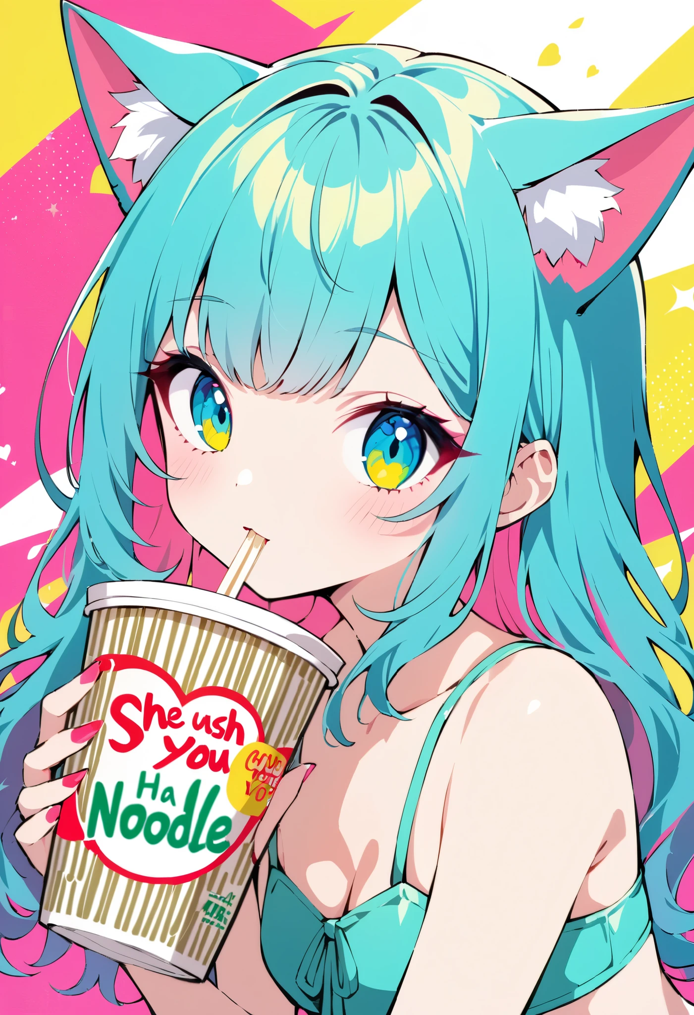 pop art, vivid passion color style, bshp mix, a cat-eared girl, solo, holding a cup-noodle, a strange look, she has a crush on you.