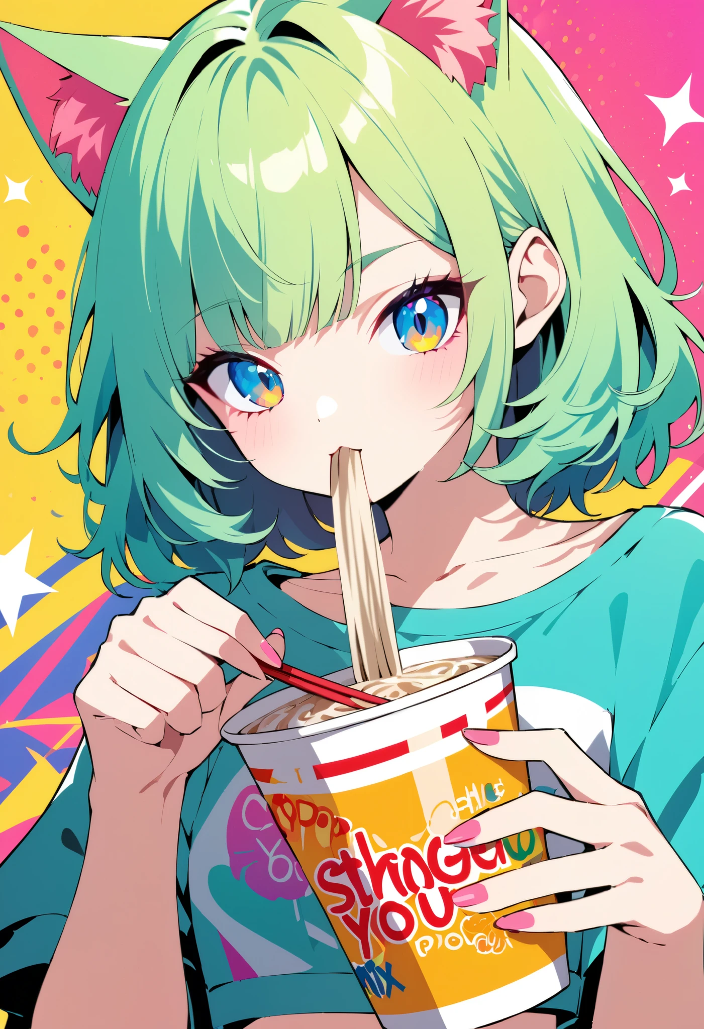 pop art, vivid passion color style, bshp mix, a cat-eared girl, solo, holding a cup-noodle, a strange look, she has a crush on you.