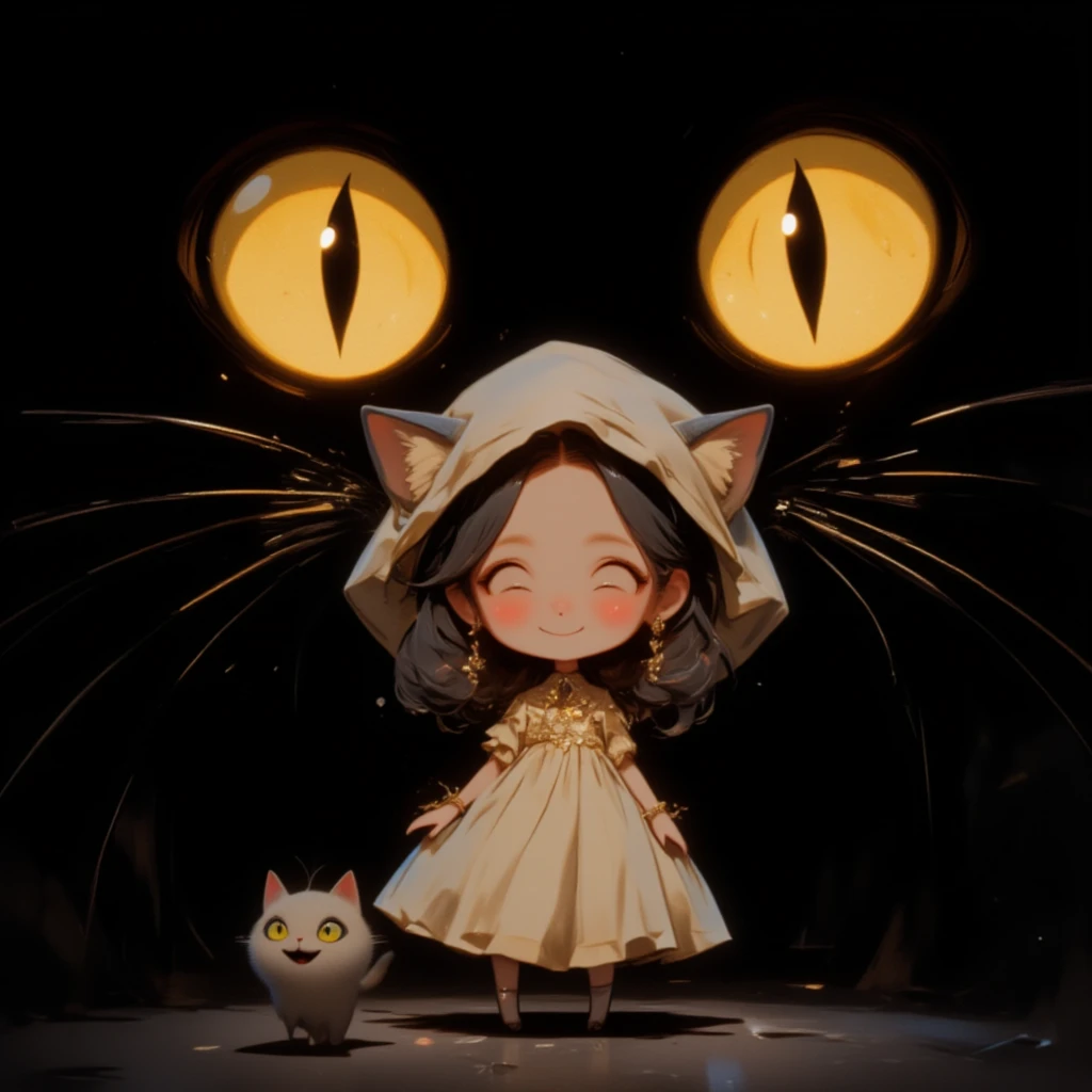 ultra-small deformation, Chibi Cute, 1girl, solo, full body, Cat-Eared Girl in the musical "CATS", (Only big yellow cat eyes in the background, Black background color)