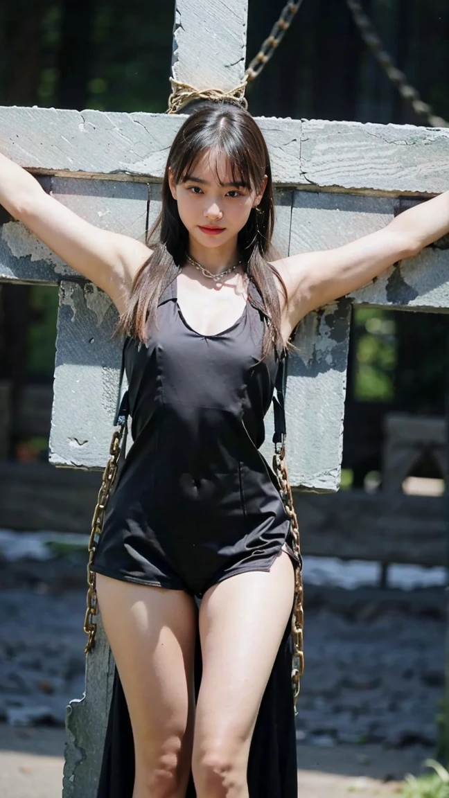 top-quality,Sit up,An amusement park,a shower,((black tshirt,Onepiece)),Ponytail with black hair,(embarrassed from,red blush),()