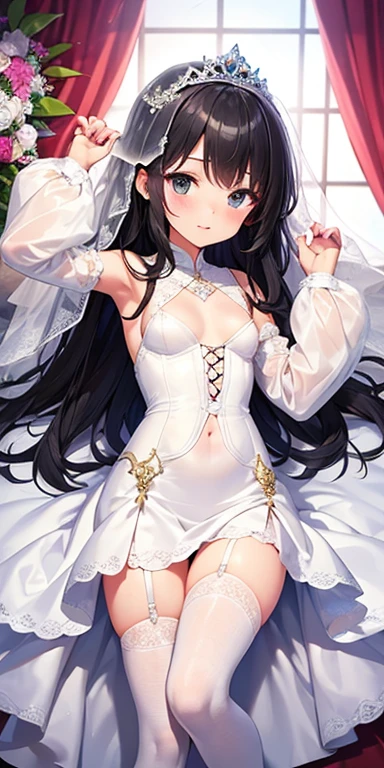 ((masterpiece))、((Highest quality))、Full-body wide-angle、(solo)、Manhattan Cafe,Manhattan Cafe,、White Ahoge, (Long black hair)、Long black bangs between the eyes,,、Black horse ears、Horse tail、Yellow eyes without highlights、(((Small breasts)))、((Black bra))、((Black Shirt))、 ((Black Panties))、Black gloves、Yellow tie、belt、Mouth closed、Black tights、Exposed thighs、Cameltoe、Garter Stockings Holding a condom in his mouth