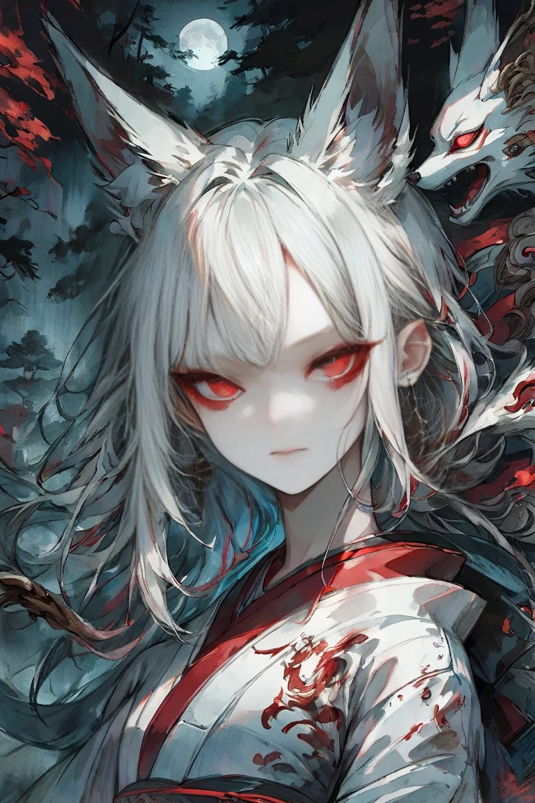 Masterpiece, highest resolution, highest quality, detailed depiction, beautiful, art, watercolor style, Japanese yokai, A finely detailed pencil sketch of a nine-tailed fox yokai, showcasing a beautiful face with captivating red eyes, sharp red eyeliner, and a cool, piercing gaze. The character has long, flowing silver hair with fox ears, adorned in an ornate red and white kimono. Their nine fox tails are drawn with meticulous shading, creating a sense of movement and depth. The background features a misty forest with moonlight filtering through the trees. A focus on fine line work, delicate shading, and traditional Japanese patterns. Inspired by classical Japanese folklore and fantasy art. Atmospheric lighting adds depth and contrast.
 4K graphics.