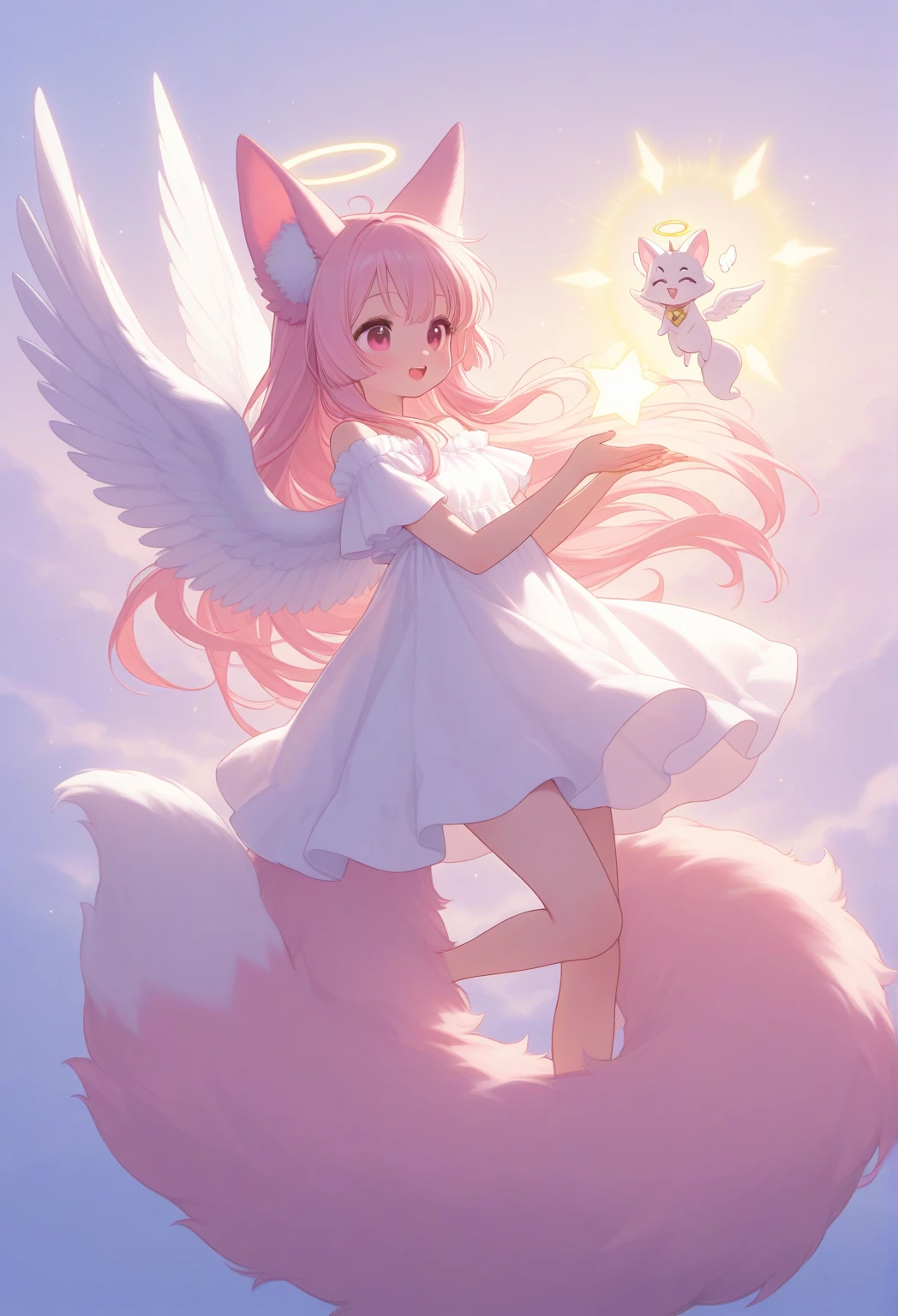 white Magical animal, fox, fluffy ears, angel wings, mystical, long tail