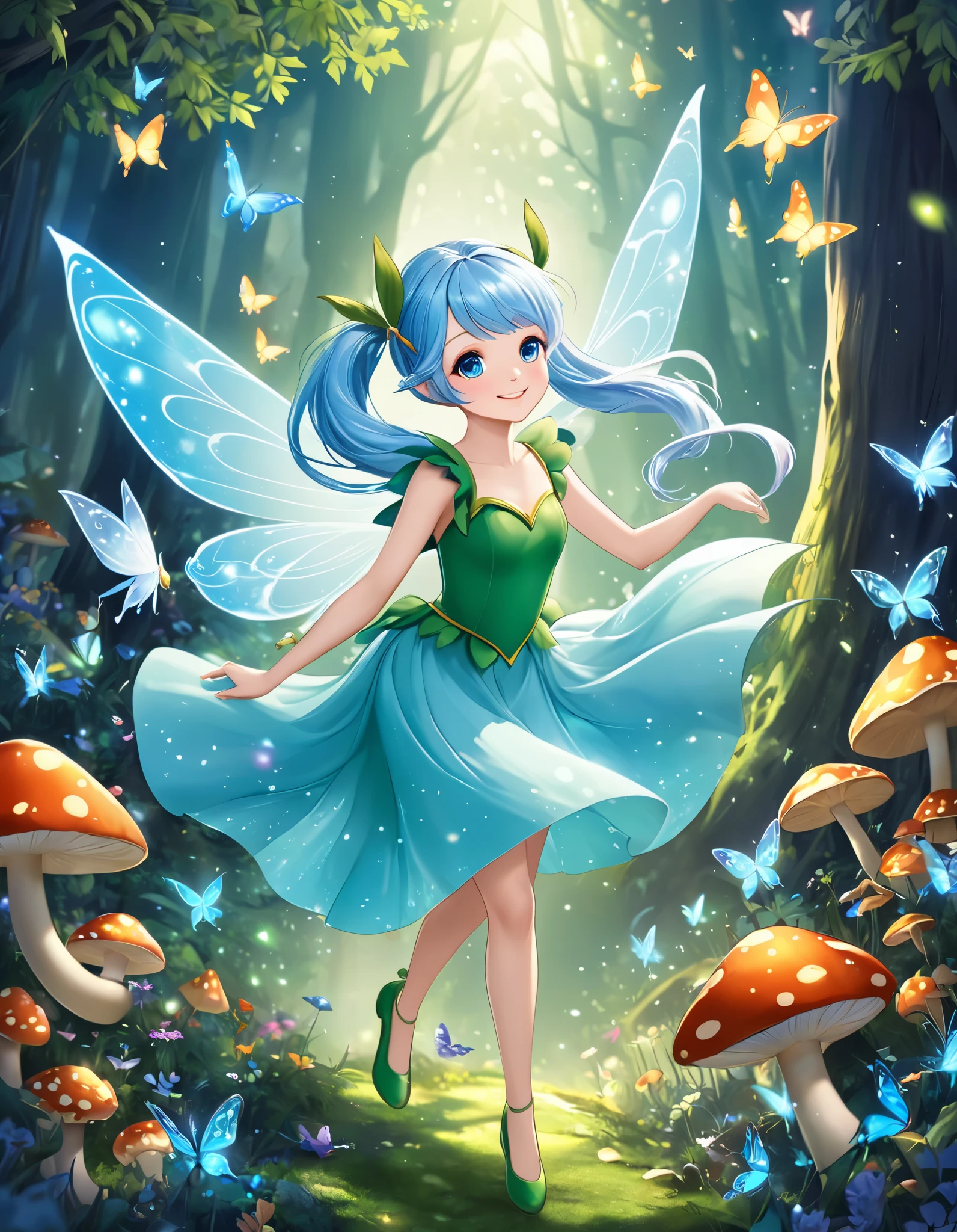 long light blue hair 、 Beautiful Girl with Twin Tails 、I'm flying in the sky dressed up as Peter Pan、smile、Tinker Bell is also flying with it、 In the Mysterious Forest 、Glowing butterflies are flying、 Glowing Mushrooms