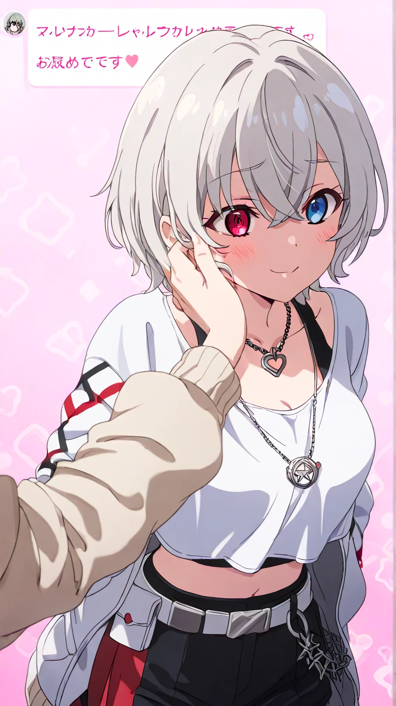 1girl, short hair, silver hair, solo focus, Highress, 2k, best quality, face details. 
Eyes:
heterochromatic, left eyes is blue, right eyes is red.
Clothing Description:

Top: Wearing a white crop top with black straps, layered with black mesh covering the neckline.

Outerwear: An oversized white bomber jacket with red and black accents on the inside. The red lining features a quilted pattern, adding a stylish detail.

Additional Accessories: A necklace with a triangular pendant and chain straps hanging from the belt.

Bottom: Black shorts with red accents, featuring metallic chains and straps wrapping around the waist. Buckles and straps add a utilitarian touch.

Background:
A pastel pink background with heart and star patterns, creating a sweet and cheerful atmosphere. There’s also a text message element in the bottom left corner, adding a social media context, half body details, face focus details. More Fariative expression, very sweetie, cute, kawaii. 