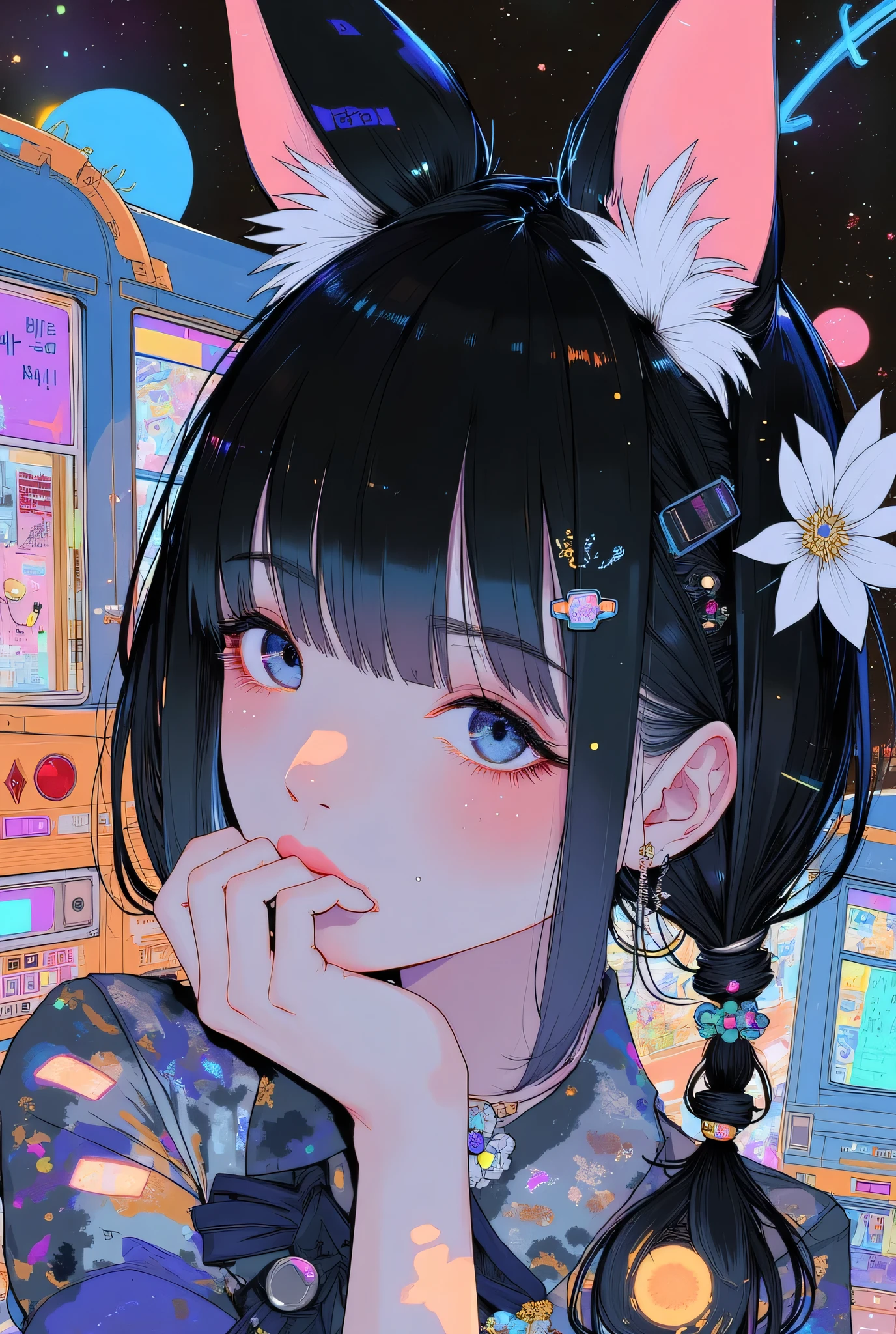 Close up of the girl with cat ears , Decorative Space Paintings ,  Ultra Wide Gameplay Screenshots ,  colorful dystopian futurism,  Retrofuturistic Digital Painting,  The background is a school bus running through space,  Dreaming Psychedelic Anime ,  video games are still , ビデオ game screenshots ,  ビデオ game screenshots  ,  detailed pictures of virtual worlds ,  Colorful in Futuristic Hues ,  Promotional Art ,  game screenshots , School bus full of graffiti ,Neon colored universe