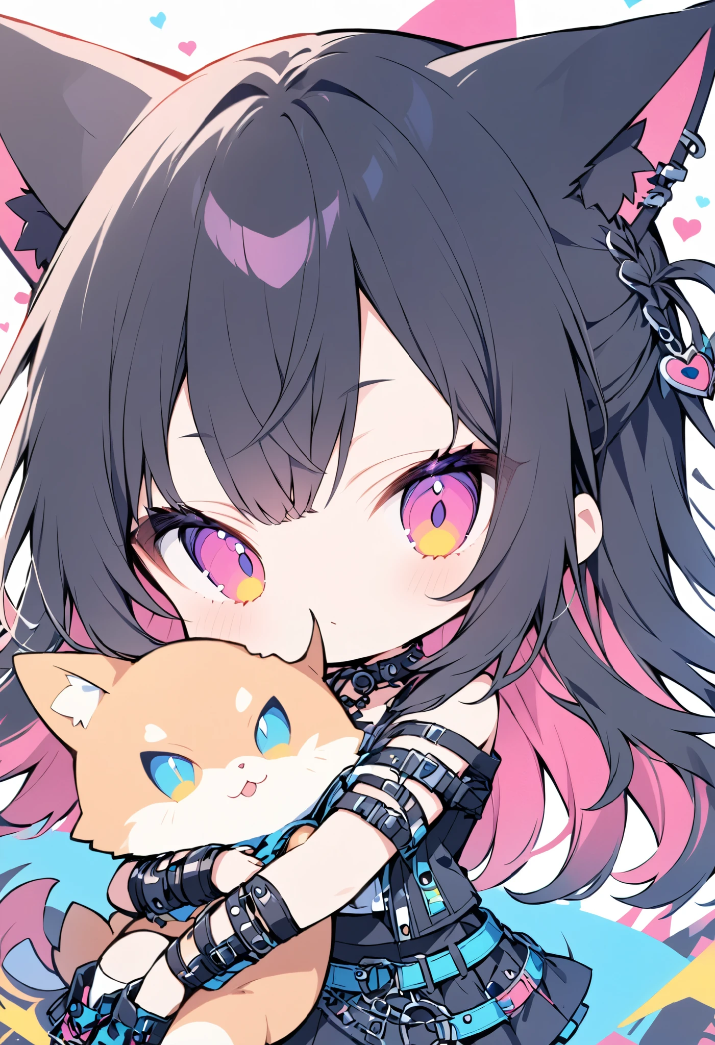 pop art, vivid passion color style, cool punk chibi mix, a cat-eared girl, solo, holding a fox stuffed toy, a strange look, she has a crush on you.