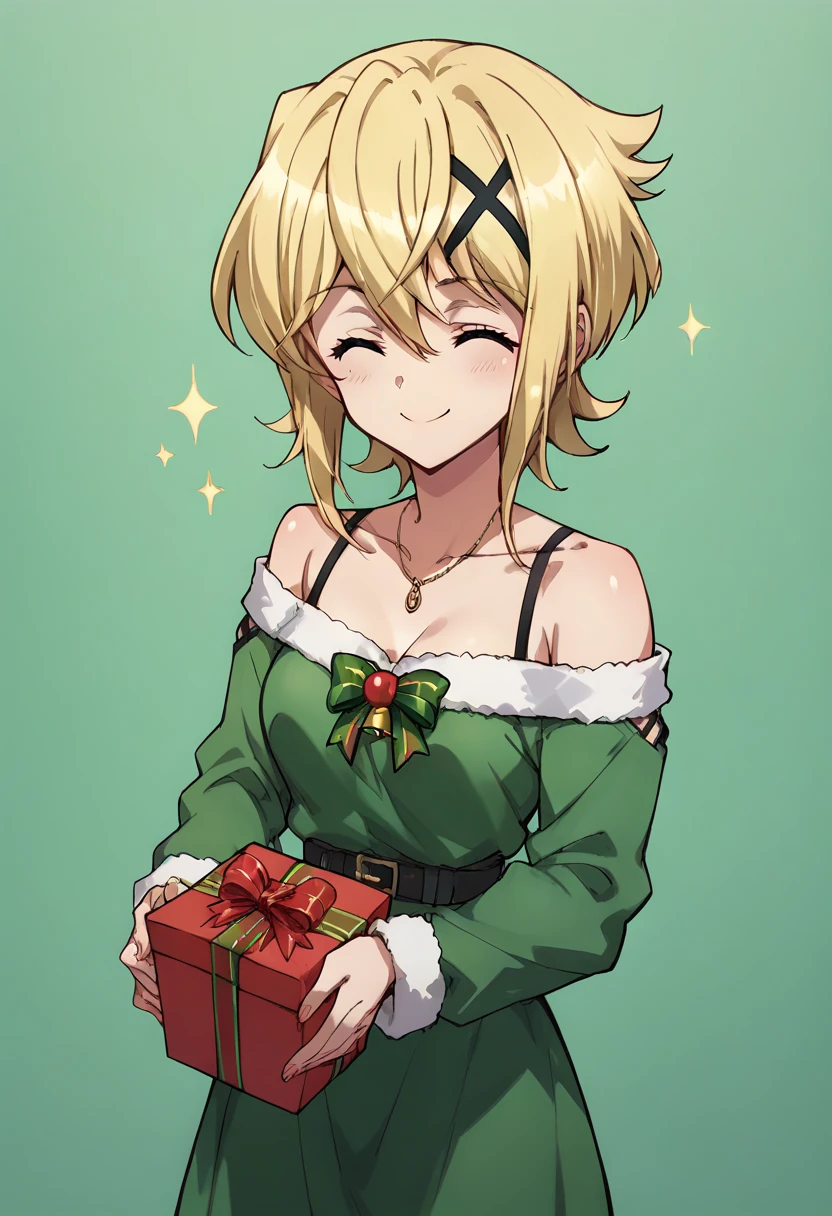   Akatsuki Kirika  ,Closed Eyes,smile,  holding presents with both hands, Christmas costume ,simple green&red  Christmas costume , Off Shoulder ,green &  Red Dress , is standing 