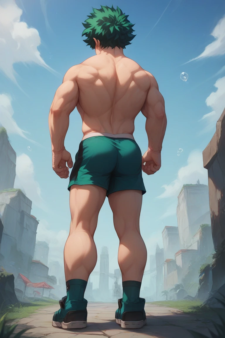 1 boy,  izuku Midoriya from my hero academy naked,  with the shorts . FROM BACK, standing - from the back .  his round ass bubbles ,  muscular and shiny perspiration . ass view, rear.  full body muscle . 