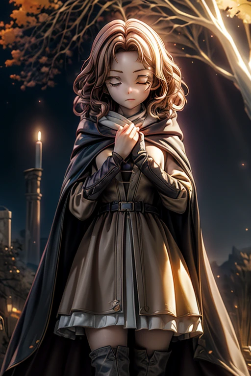 best quality, masterpiece, melina \(elden ring\),1 girl, solo, brown hair, curly hair, black cloak with hood,orange eyes,tunic,belt,boots,full body, ashes and sparks in the air, (closed left eyes:1.2),(Scar on left eyes:1.2), 8k, high resolution, ultra detailed, professional digital painting, epic cinematic lighting, trending on artstation, 4k, hyperrealism, focused, extreme details, unreal engine 5, cinematic, masterpiece,There is a large golden glowing tree that seems to reach out into the universe, There are huge, golden trees that seem to stretch out into the universe, huge trees are huge horizontally and the size of swallowing stars,She has a knife, she's coming at the camera, great dynamic.