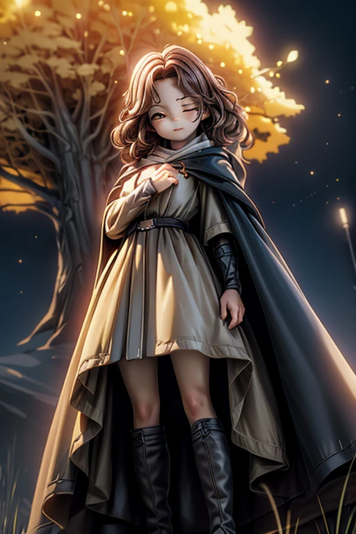 best quality, masterpiece, melina \(elden ring\),1 girl, solo, brown hair, curly hair, black cloak with hood,orange eyes,tunic,belt,boots,full body, ashes and sparks in the air, (closed left eyes:1.2),(Scar on left eyes:1.2), 8k, high resolution, ultra detailed, professional digital painting, epic cinematic lighting, trending on artstation, 4k, hyperrealism, focused, extreme details, unreal engine 5, cinematic, masterpiece,There is a large golden glowing tree that seems to reach out into the universe, There are huge, golden trees that seem to stretch out into the universe, huge trees are huge horizontally and the size of swallowing stars,She has a knife, she's coming at the camera, great dynamic.