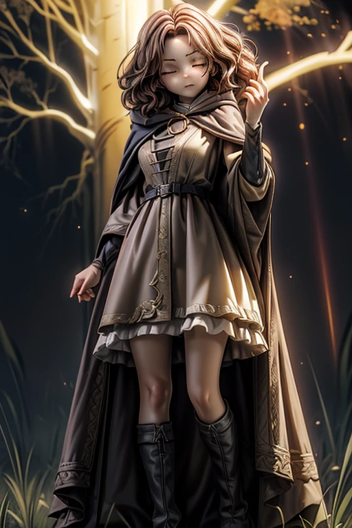 best quality, masterpiece, melina \(elden ring\),1 girl, solo, brown hair, curly hair, black cloak with hood,orange eyes,tunic,belt,boots,full body, ashes and sparks in the air, (closed left eyes:1.2),(Scar on left eyes:1.2), 8k, high resolution, ultra detailed, professional digital painting, epic cinematic lighting, trending on artstation, 4k, hyperrealism, focused, extreme details, unreal engine 5, cinematic, masterpiece,There is a large golden glowing tree that seems to reach out into the universe, There are huge, golden trees that seem to stretch out into the universe, huge trees are huge horizontally and the size of swallowing stars,She has a knife, she's coming at the camera, great dynamic.