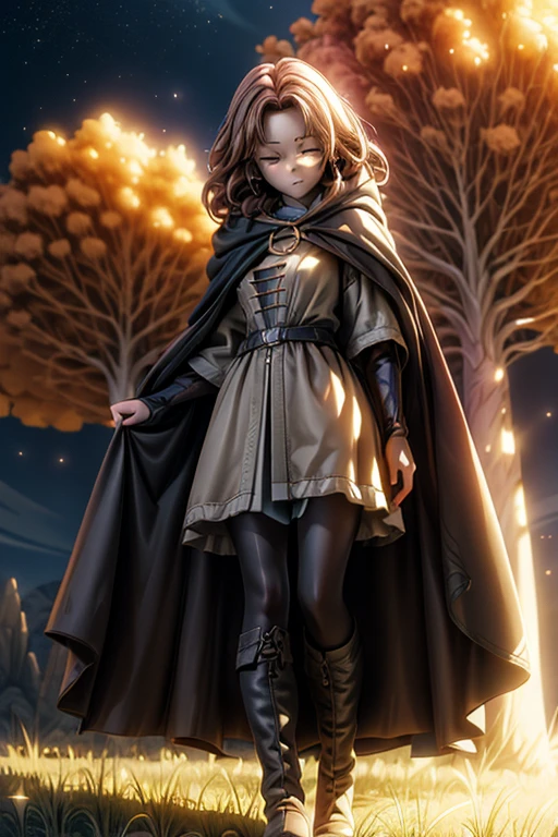 best quality, masterpiece, melina \(elden ring\),1 girl, solo, brown hair, curly hair, black cloak with hood,orange eyes,tunic,belt,boots,full body, ashes and sparks in the air, (closed left eyes:1.2),(Scar on left eyes:1.2), 8k, high resolution, ultra detailed, professional digital painting, epic cinematic lighting, trending on artstation, 4k, hyperrealism, focused, extreme details, unreal engine 5, cinematic, masterpiece,There is a large golden glowing tree that seems to reach out into the universe, There are huge, golden trees that seem to stretch out into the universe, huge trees are huge horizontally and the size of swallowing stars,She has a knife, she's coming at the camera, great dynamic.