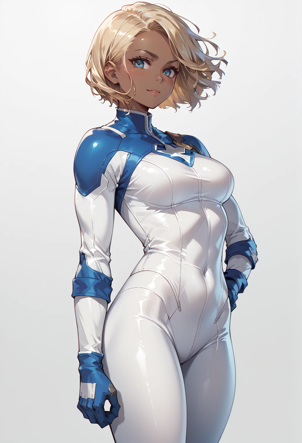  anime girl image,       Voluptuous android woman in superhero uniform,   Captain America in white latex and tights   ,    short blonde hair and brown skin     , robotic parts ,