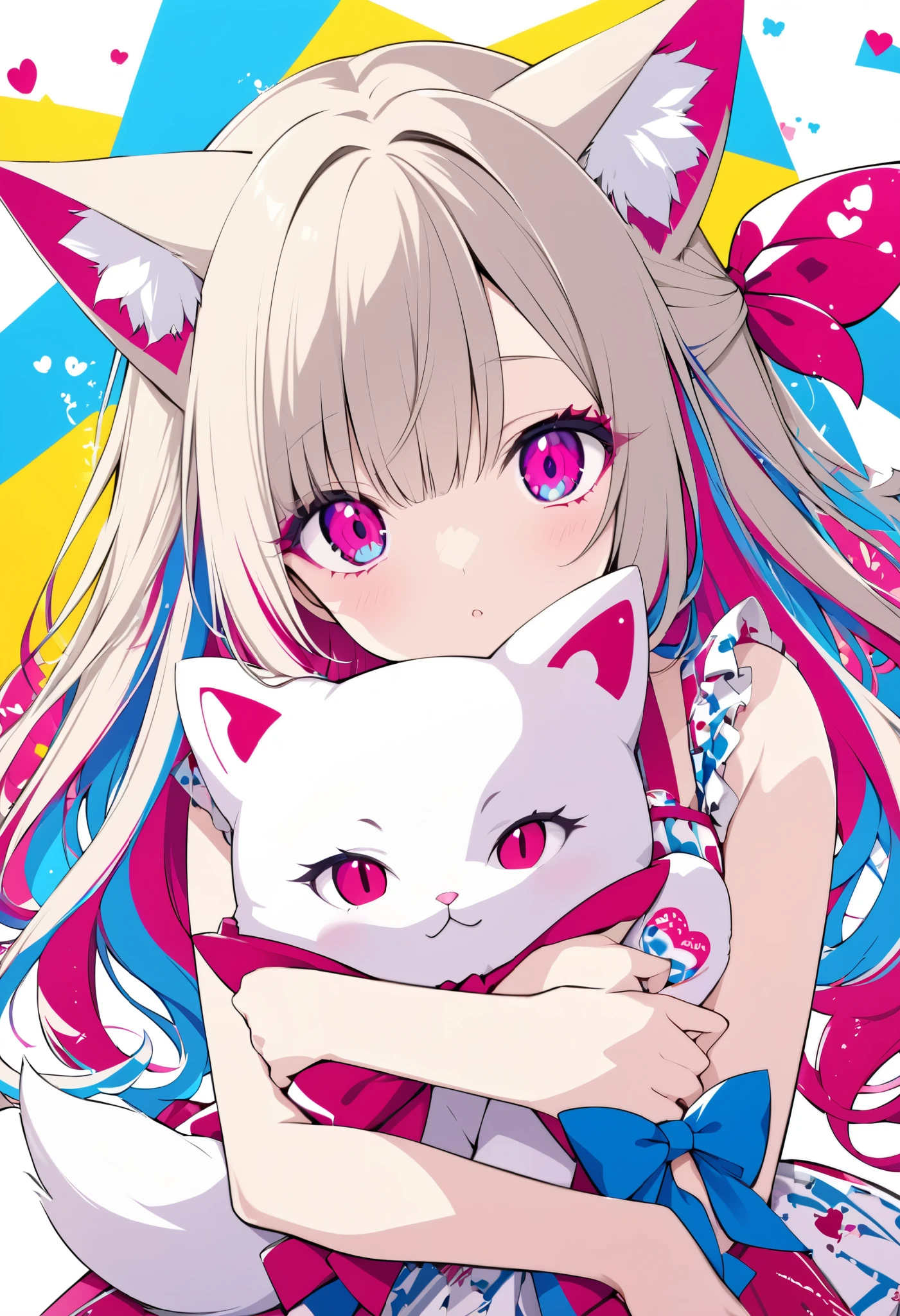 pop art, vivid passion color style, AIU mix, a cat-eared girl, solo, holding a fox stuffed toy, a strange look, she has a crush on you.