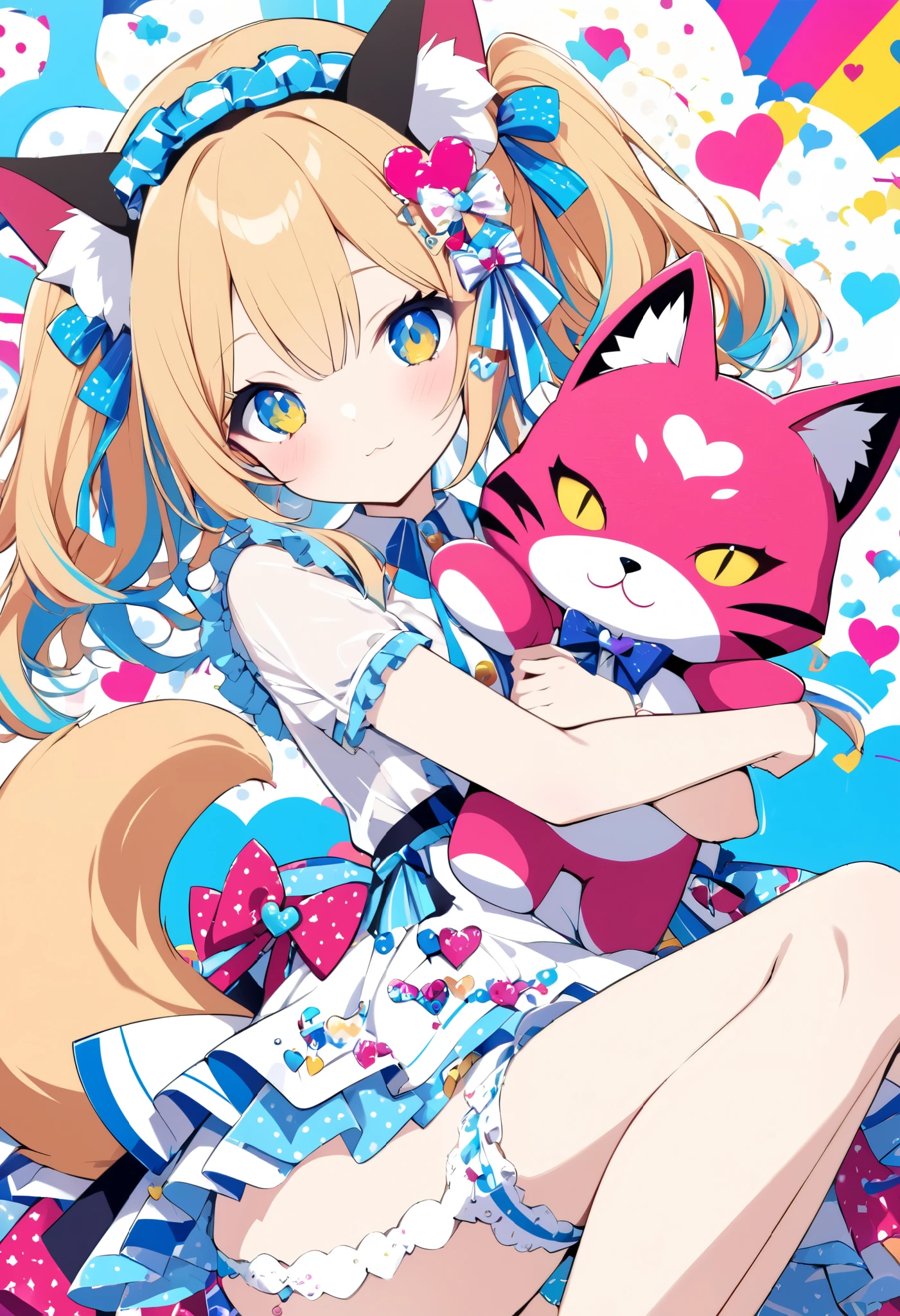 pop art, vivid passion color style, AIU mix, a cat-eared girl, solo, holding a fox stuffed toy, a strange look, she has a crush on you.