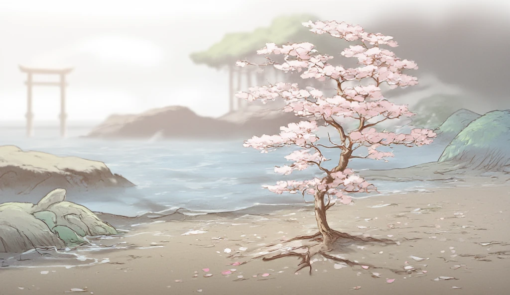 colors gray, blue, white, brown, pink, green, ( make a japanese wall paper) sakura tree with flowers falling on the ground ocean waves and temple arc.