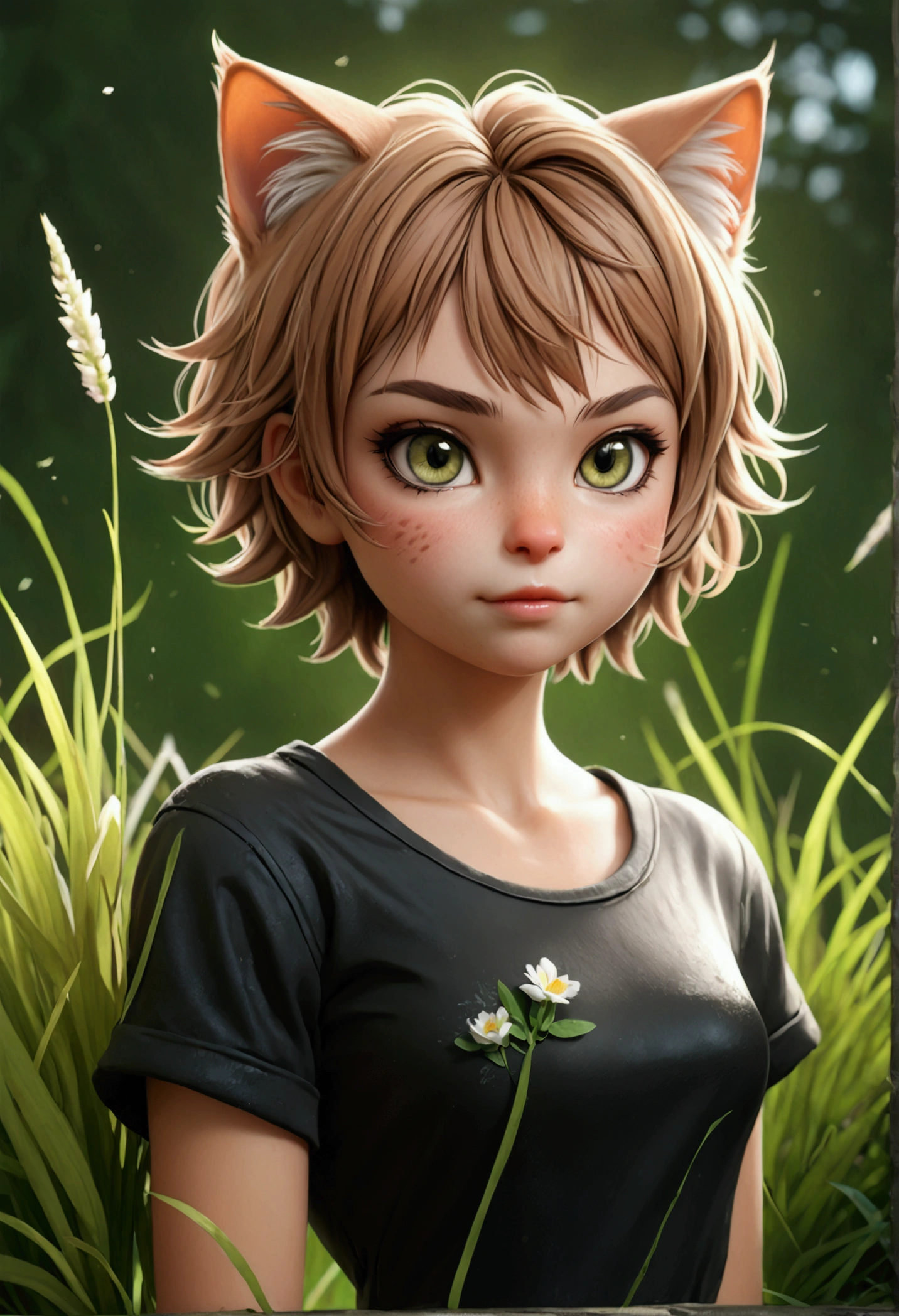 4k realistic,  25 years, Cat girl, grass, Naturaleza,  messy hair,  short hair