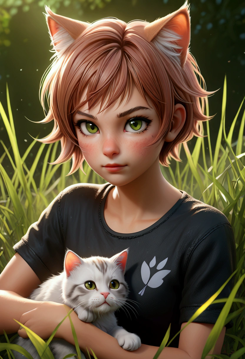 4k realistic,  25 years, Cat girl, grass, Naturaleza,  messy hair,  short hair