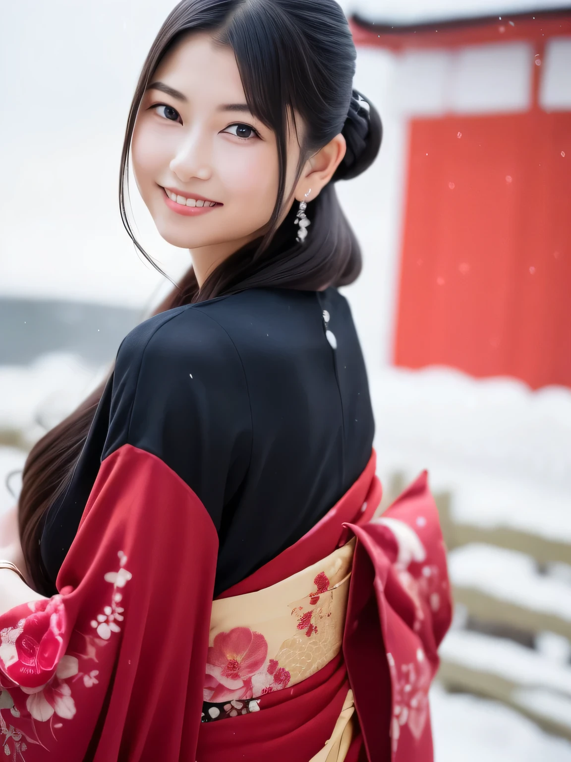 A breathtakingly beautiful 20-year-old woman with a slender physique, dressed in an elegant and luxurious black and red kimono suitable for the Japanese New Year. The background showcases a serene sunrise on New Year's Day, with a traditional Japanese shrine, snow-covered grounds, and vibrant red camellias in full bloom. The scene captures a harmonious blend of traditional beauty and the peaceful atmosphere of a snowy New Year's morning. smiles gently, FRIENDLY. smiles gently, FRIENDLY. ( RAW photos , top quality ), ( realistic, photo- realistic:1.4), masterpiece, extremely delicate and beautiful, extremely detailed, 2k wallpaper, amazing on the beach, detailed depiction , extremely detailed CG unity 8k wallpaper, Ultra Details, high res, Soft light, beautiful detailed girl looking back, extremely detailed eyes and face, beautiful detailed nose, beautiful detailed eyes, cinematic lighting, Perfect Anatomy, slender body.