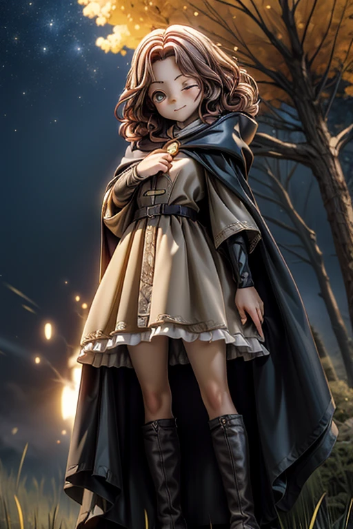 best quality, masterpiece, melina \(elden ring\),1 girl, solo, brown hair, curly hair, black cloak with hood,orange eyes,tunic,belt,boots,She has a knife, she's coming at the camera, great dynamic,full body, ashes and sparks in the air, (closed left eyes:1.2),(Scar on left eyes:1.2), 8k, high resolution, ultra detailed, professional digital painting, epic cinematic lighting, trending on artstation, 4k, hyperrealism, focused, extreme details, unreal engine 5, cinematic, masterpiece,There is a large golden glowing tree that seems to reach out into the universe, There are huge, golden trees that seem to stretch out into the universe, huge trees are huge horizontally and the size of swallowing stars,