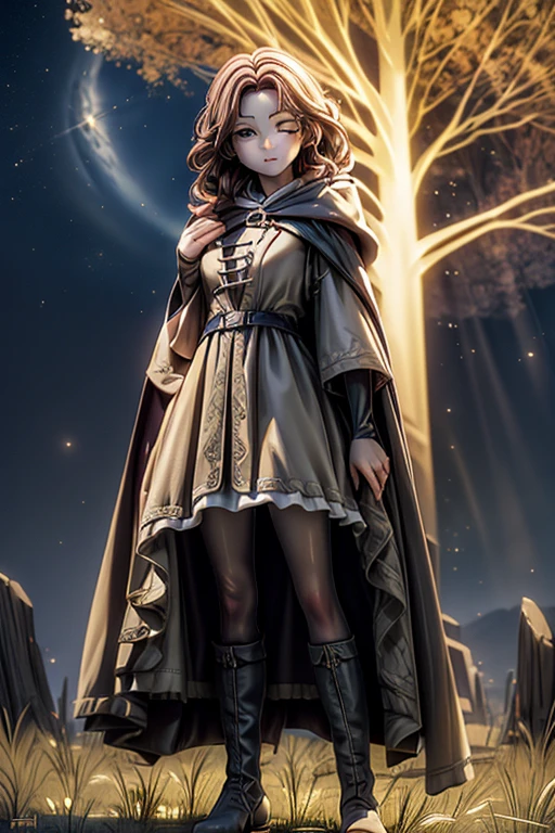 best quality, masterpiece, melina \(elden ring\),1 girl, solo, brown hair, curly hair, black cloak with hood,orange eyes,tunic,belt,boots,She has a knife, she's coming at the camera, great dynamic,full body, ashes and sparks in the air, (closed left eyes:1.2),(Scar on left eyes:1.2), 8k, high resolution, ultra detailed, professional digital painting, epic cinematic lighting, trending on artstation, 4k, hyperrealism, focused, extreme details, unreal engine 5, cinematic, masterpiece,There is a large golden glowing tree that seems to reach out into the universe, There are huge, golden trees that seem to stretch out into the universe, huge trees are huge horizontally and the size of swallowing stars,