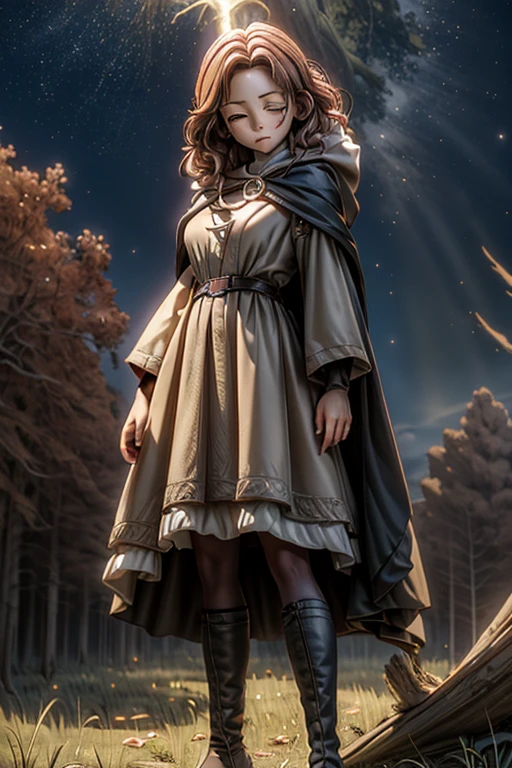 best quality, masterpiece, melina \(elden ring\),1 girl, solo, brown hair, curly hair, black cloak with hood,orange eyes,tunic,belt,boots,She has a knife, she's coming at the camera, great dynamic,full body, ashes and sparks in the air, (closed left eyes:1.2),(Scar on left eyes:1.2), 8k, high resolution, ultra detailed, professional digital painting, epic cinematic lighting, trending on artstation, 4k, hyperrealism, focused, extreme details, unreal engine 5, cinematic, masterpiece,There is a large golden glowing tree that seems to reach out into the universe, There are huge, golden trees that seem to stretch out into the universe, huge trees are huge horizontally and the size of swallowing stars,